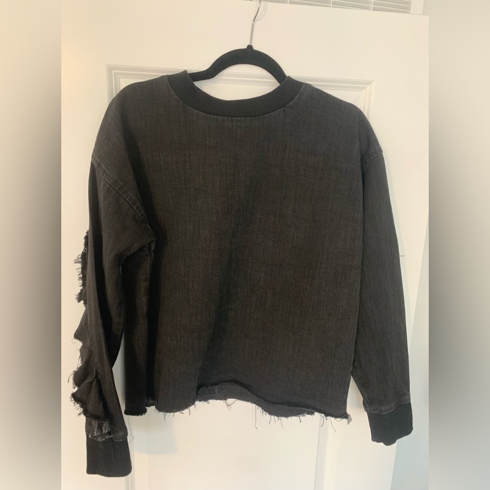Zara | Denim Sweatshirt | S | Black | Crewneck frayed/frilled sleeves